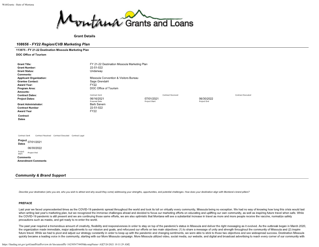 FY22 Region/CVB Marketing Plan 113975 - FY 21-22 Destination Missoula Marketing Plan DOC Office of Tourism