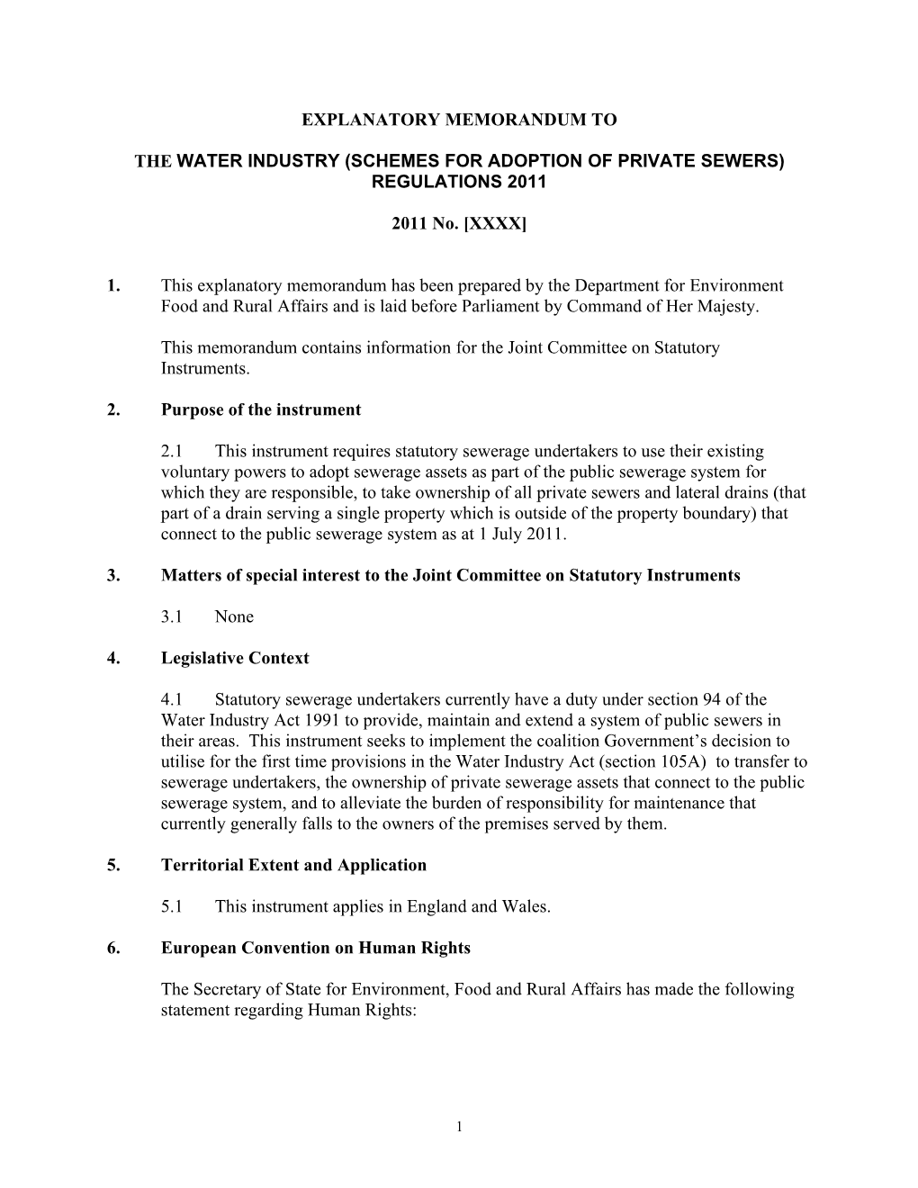 Explanatory Memorandum to the Water Industry