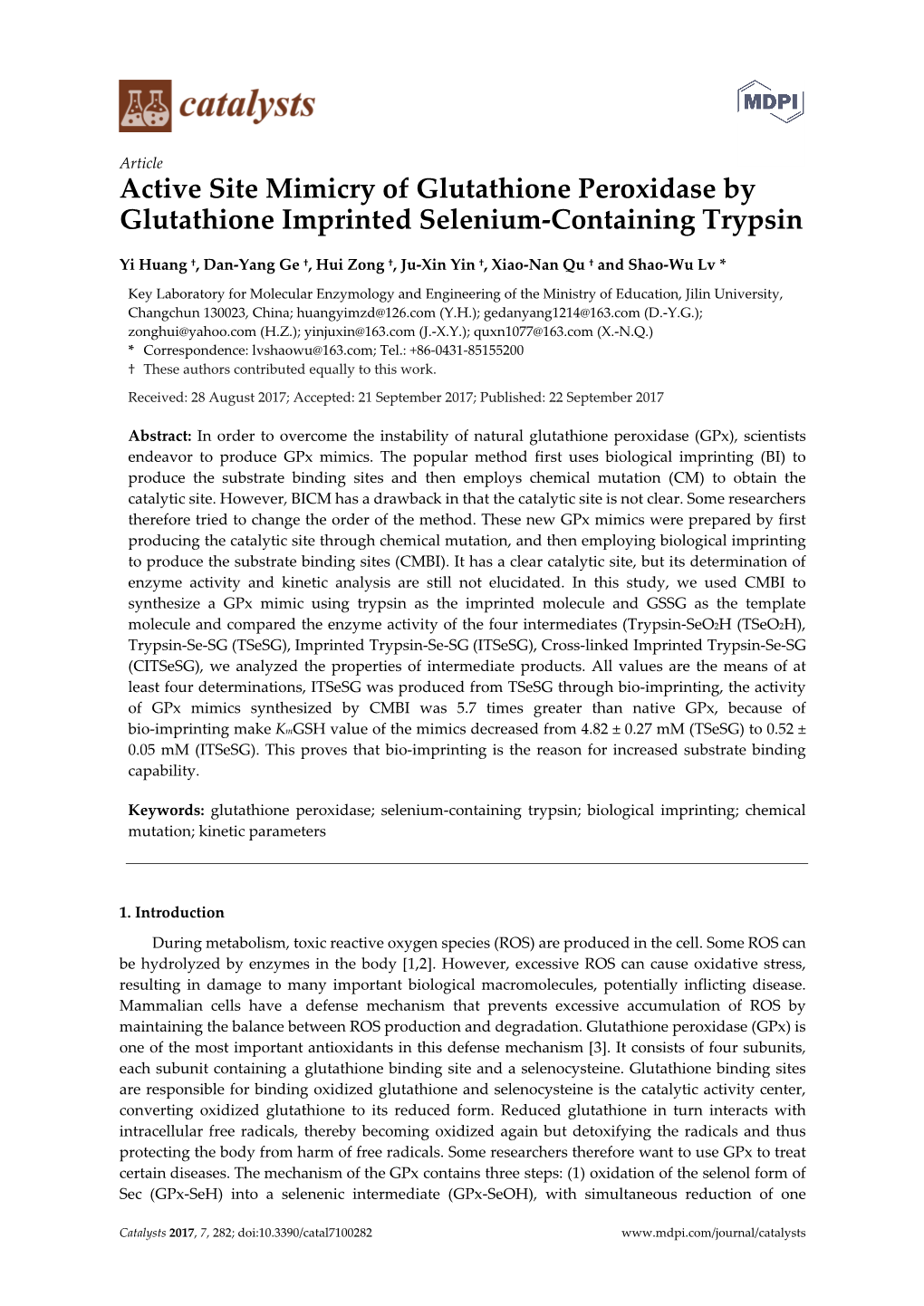 Active Site Mimicry of Glutathione Peroxidase by Glutathione Imprinted Selenium-Containing Trypsin