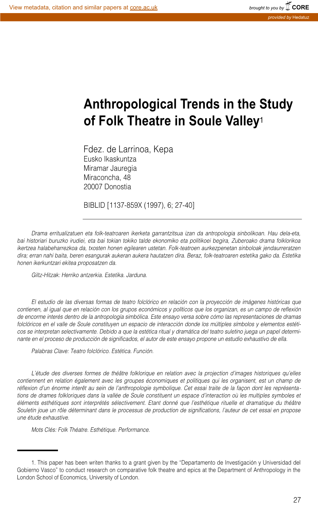 Anthropological Trends in the Study of Folk Theatre in Soule Valley1