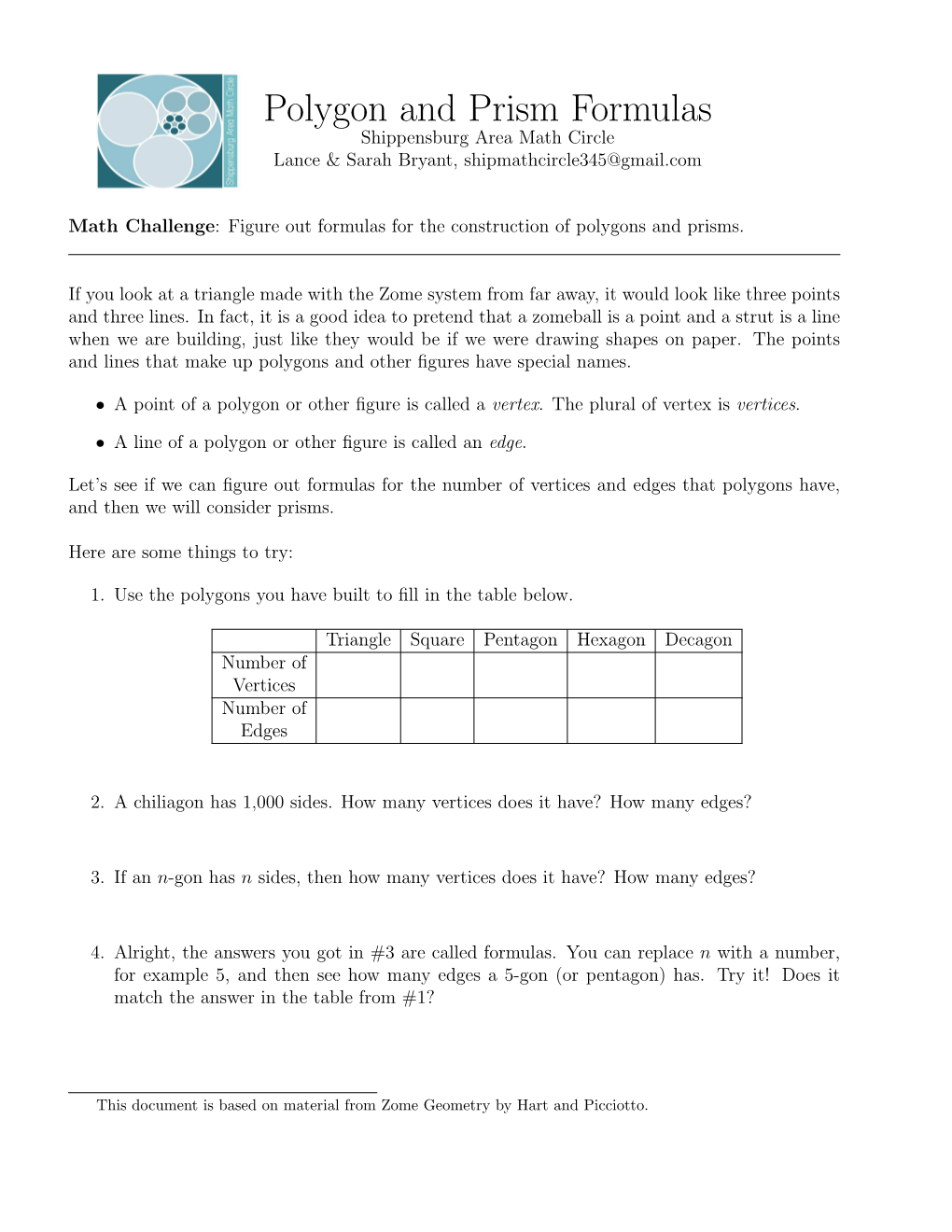 Polygon and Prism Formulas Shippensburg Area Math Circle Lance & Sarah Bryant, Shipmathcircle345@Gmail.Com