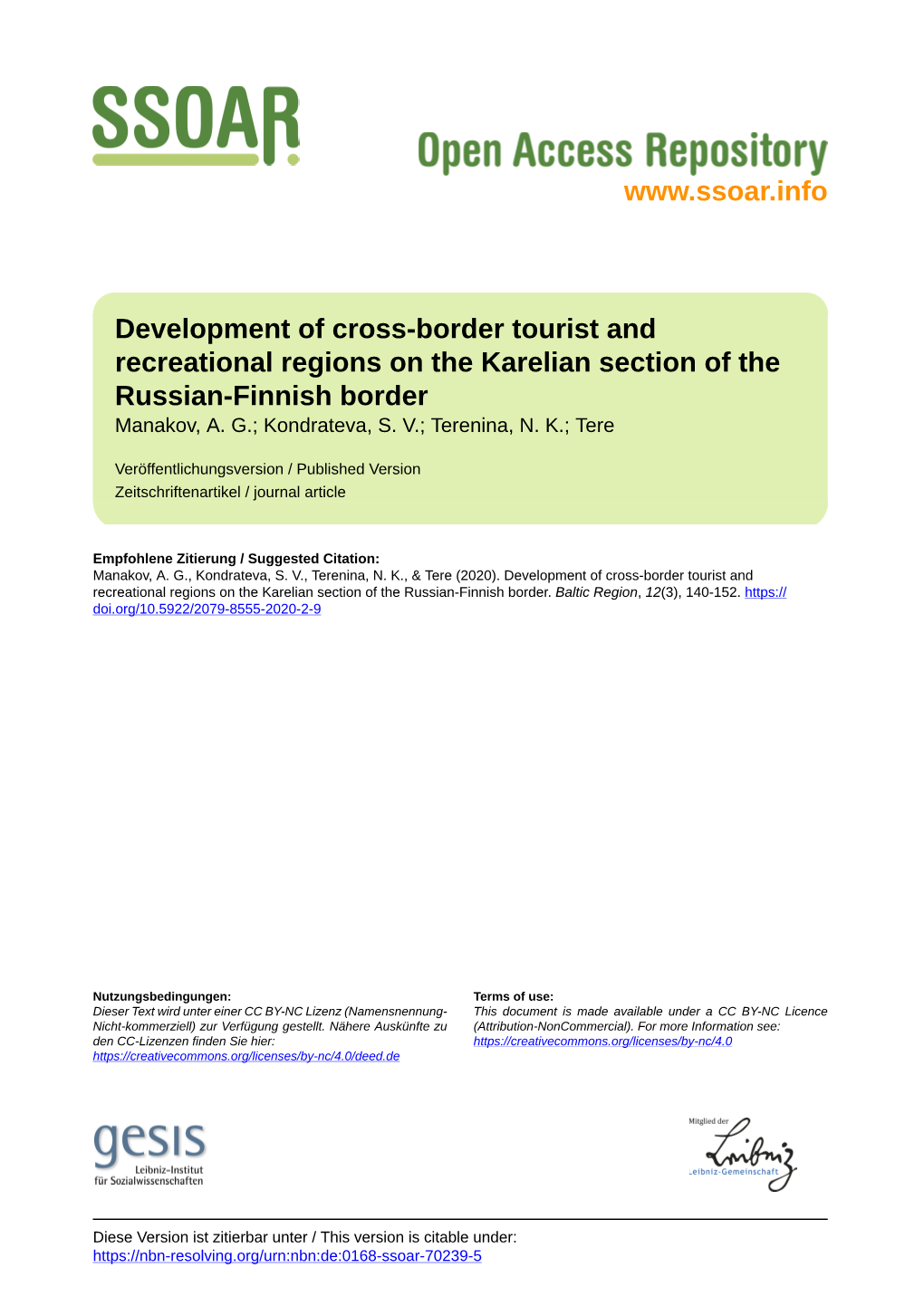 Development of Cross-Border Tourist and Recreational Regions on the Karelian Section of the Russian-Finnish Border Manakov, A