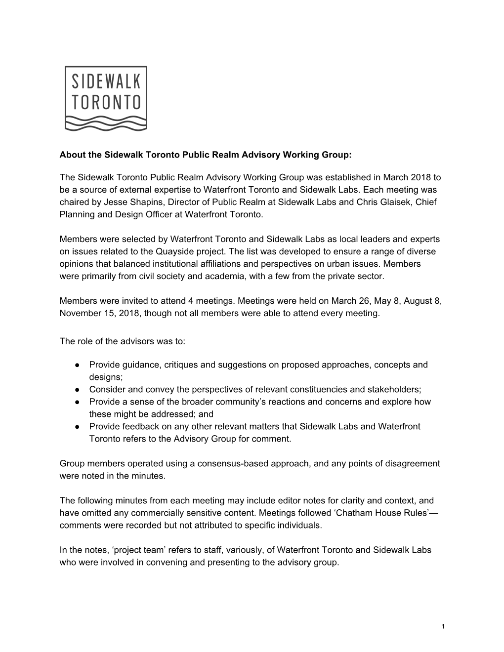 About the Sidewalk Toronto Public Realm Advisory Working Group: the Sidewalk Toronto Public Realm Advisory Working Group Was