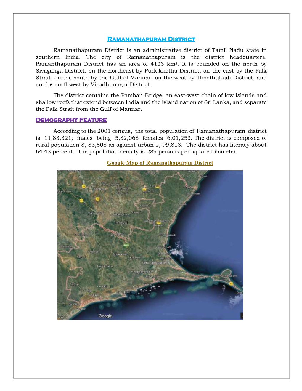 Ramanathapuram District Demography Feature Google Map