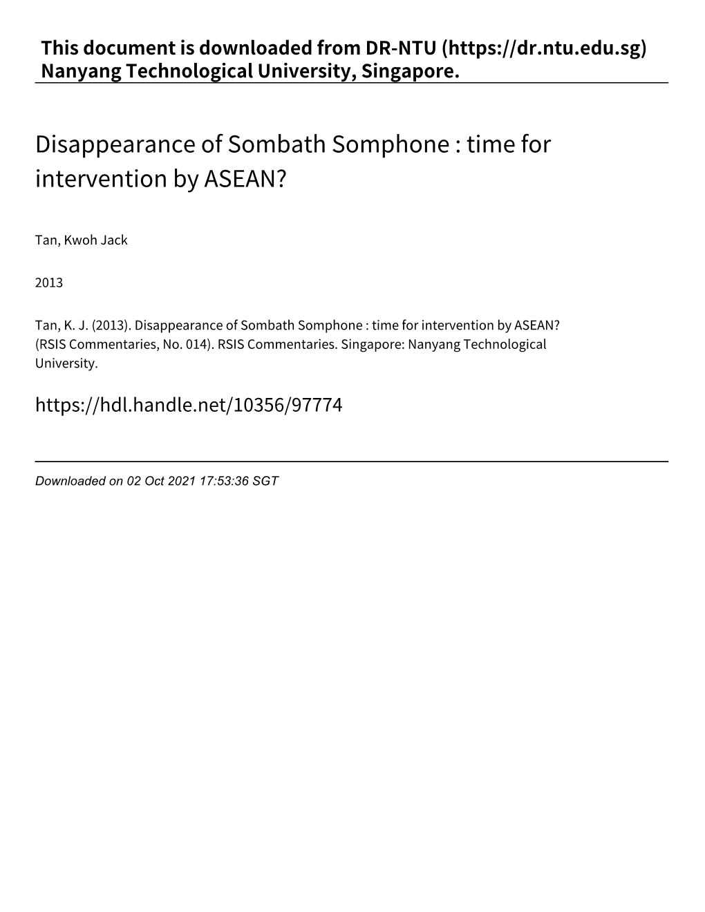 Disappearance of Sombath Somphone : Time for Intervention by ASEAN?