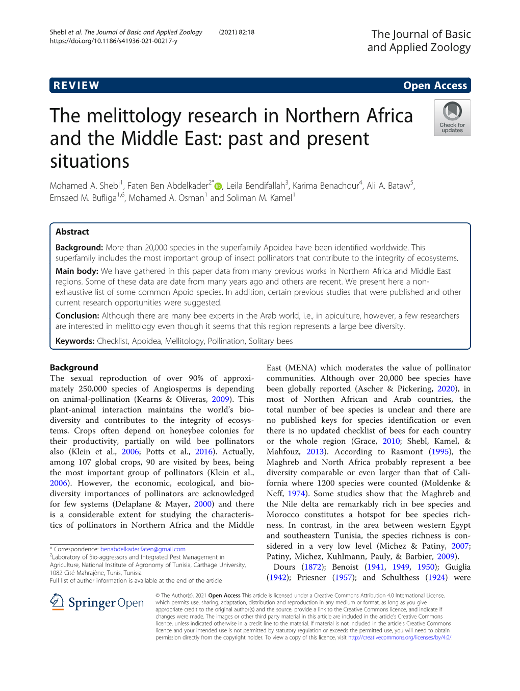 The Melittology Research in Northern Africa and the Middle East: Past and Present Situations Mohamed A