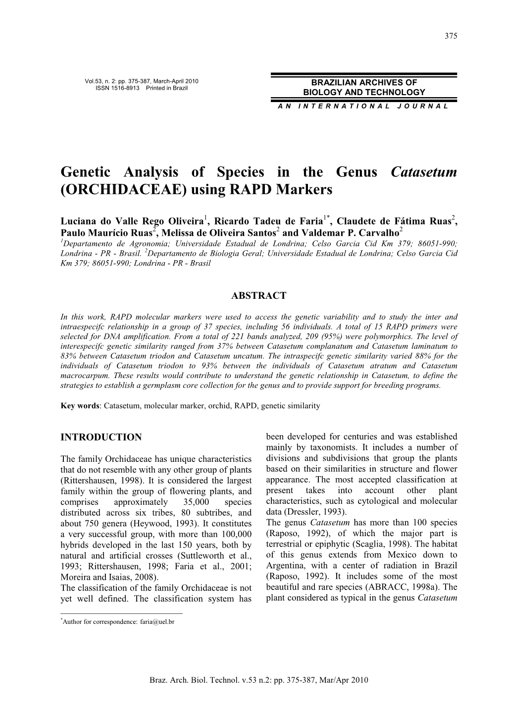 Genetic Analysis of Species in the Genus Catasetum (ORCHIDACEAE) Using RAPD Markers