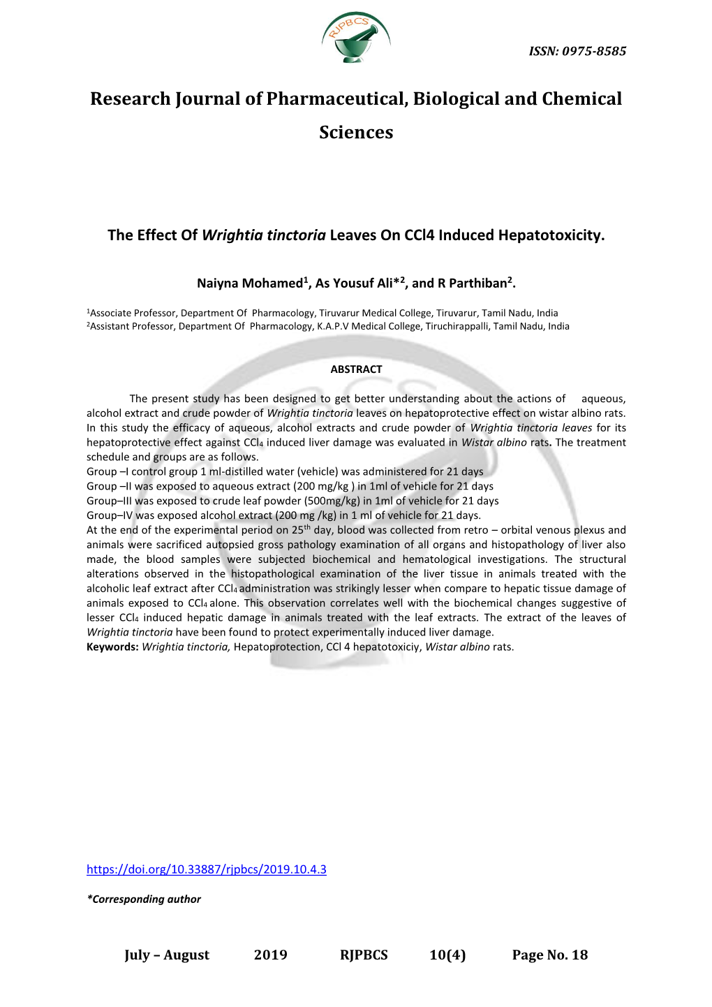 The Effect of Wrightia Tinctoria Leaves on Ccl4 Induced Hepatotoxicity