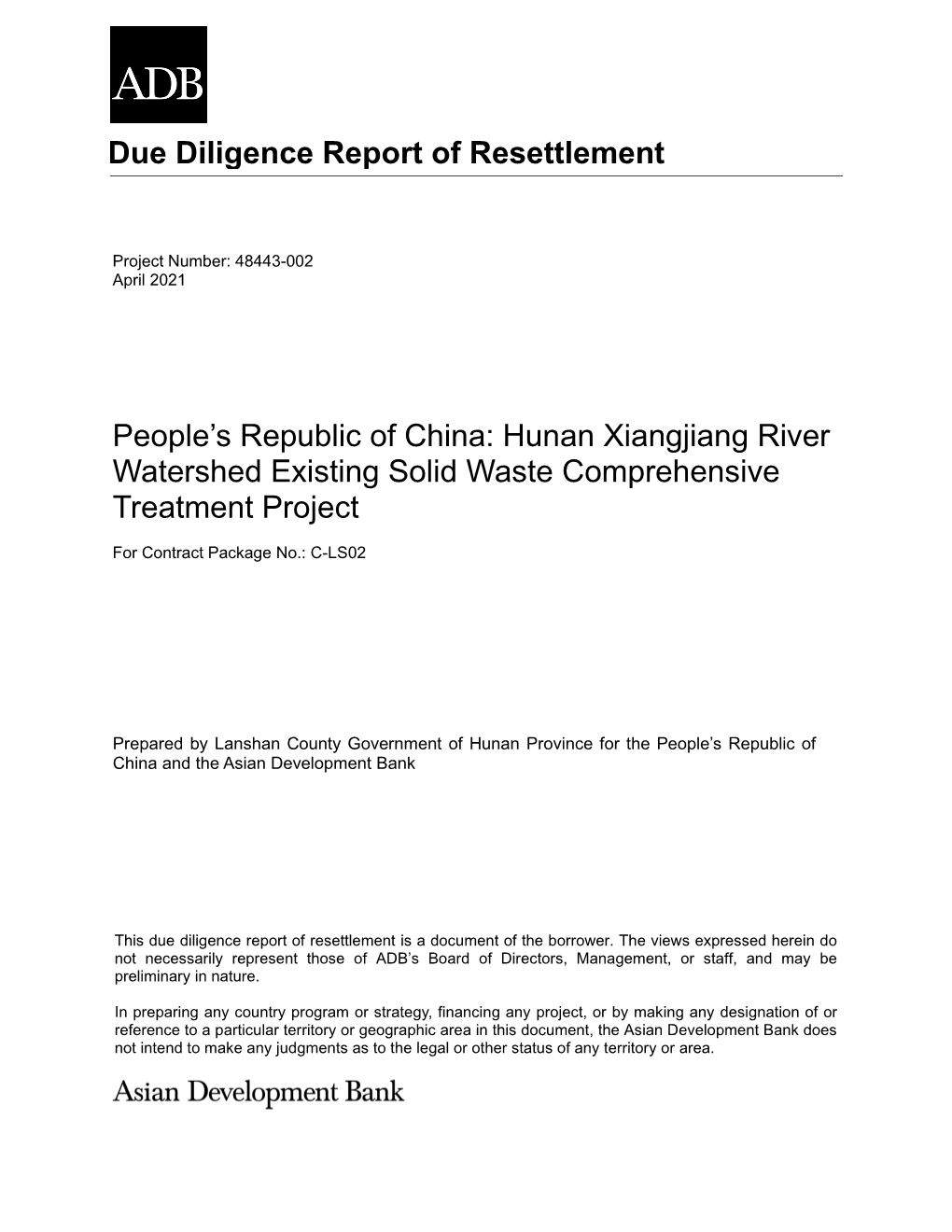 Due Diligence Report of Resettlement People's Republic of China: Hunan