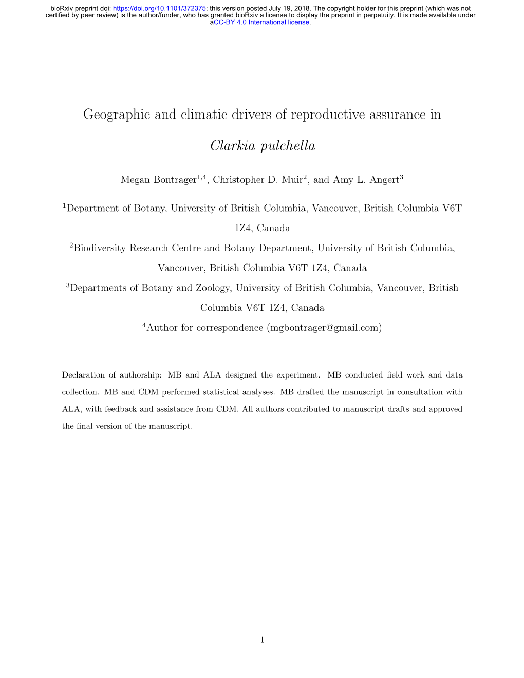 Geographic and Climatic Drivers of Reproductive Assurance in Clarkia
