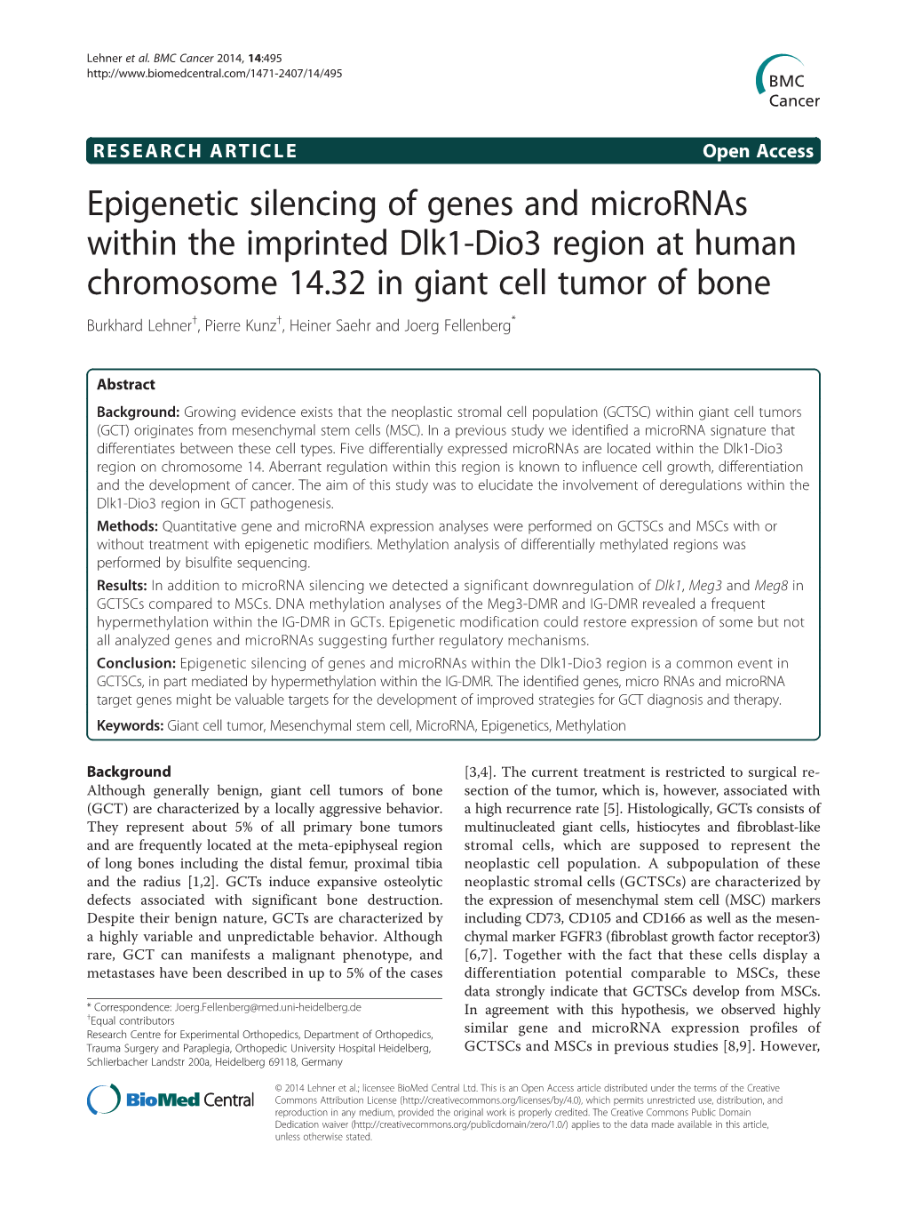 Epigenetic Silencing of Genes and Micrornas Within the Imprinted Dlk1-Dio3 Region at Human Chromosome 14.32 in Giant Cell Tumor