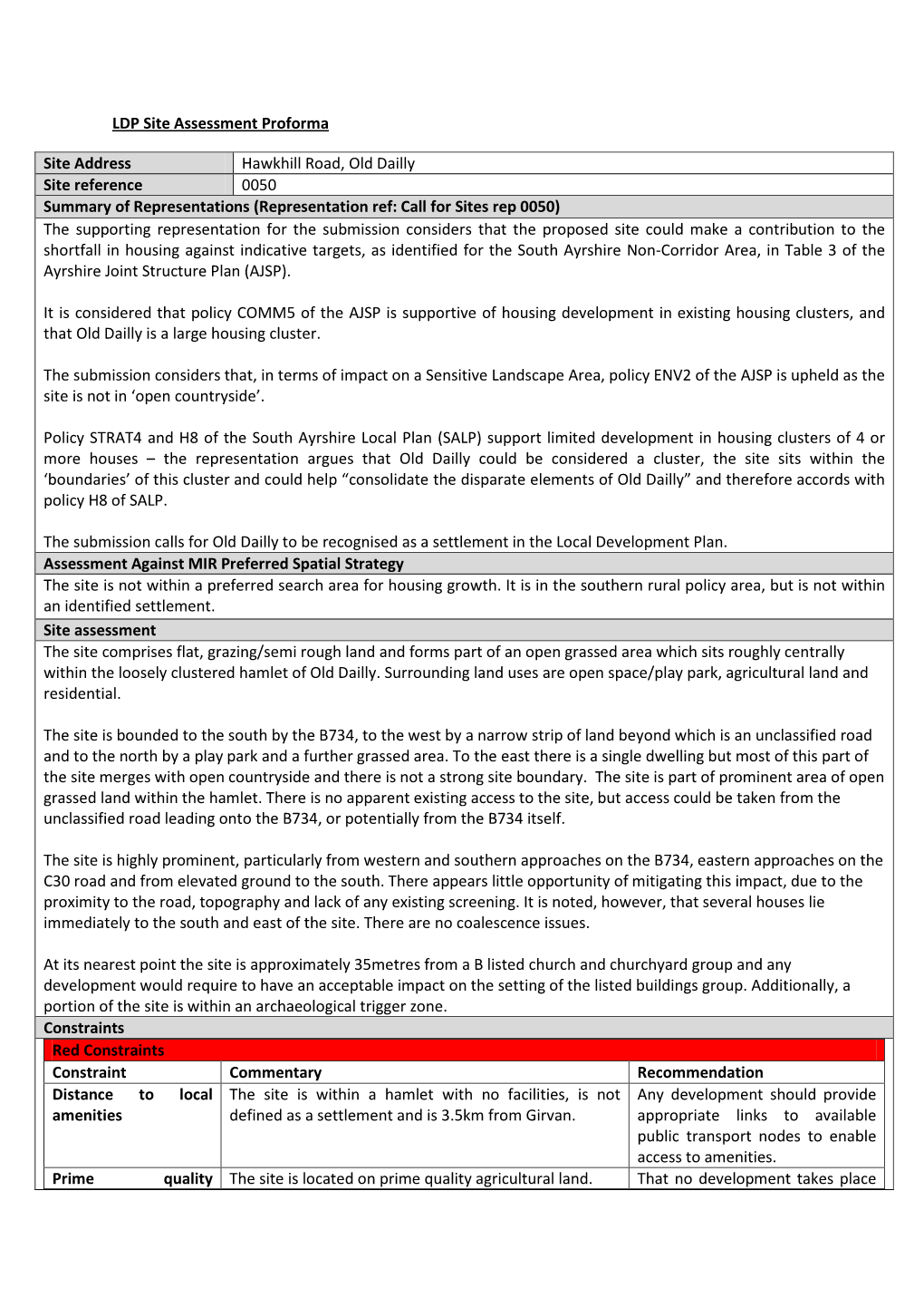 LDP Site Assessment Proforma Site Address Hawkhill Road, Old Dailly