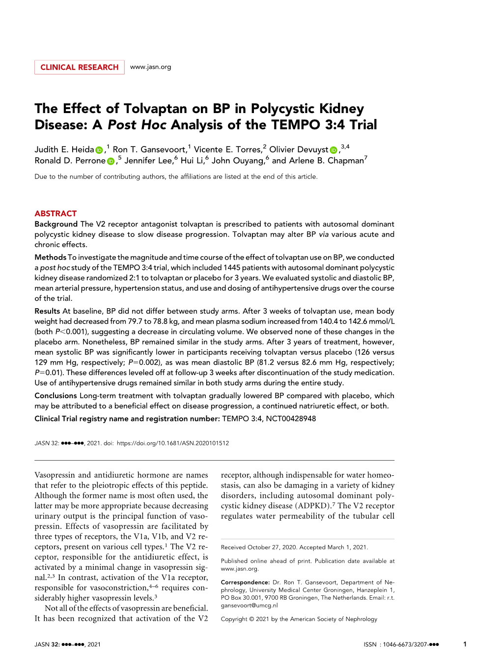 The Effect of Tolvaptan on BP in Polycystic Kidney Disease: a Post Hoc Analysis of the TEMPO 3:4 Trial