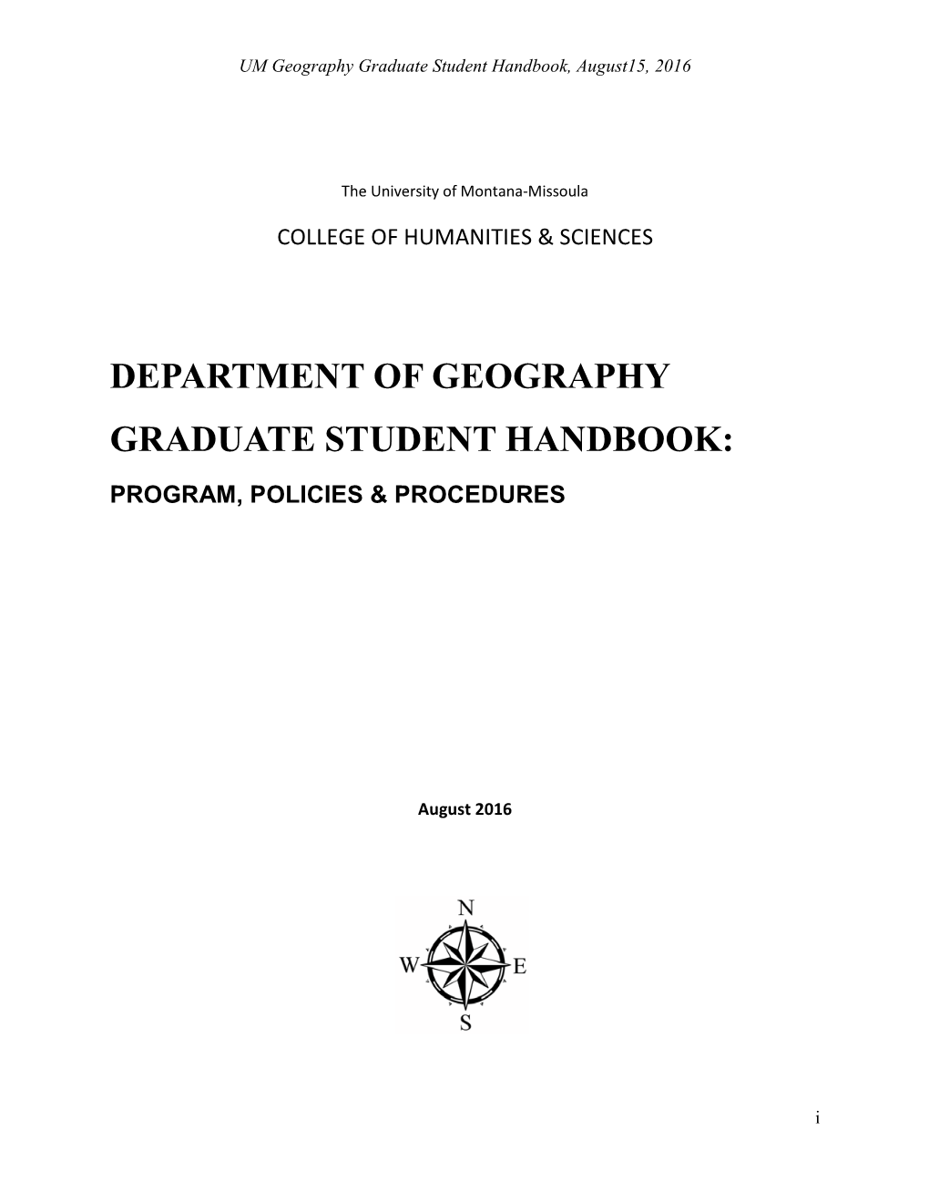 Graduate Student Handbook, August15, 2016