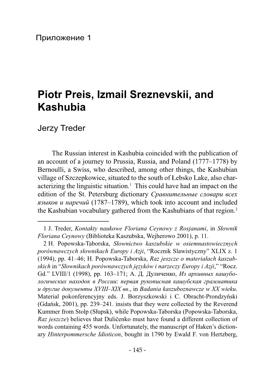 Piotr Preis, Izmail Sreznevskii, and Kashubia