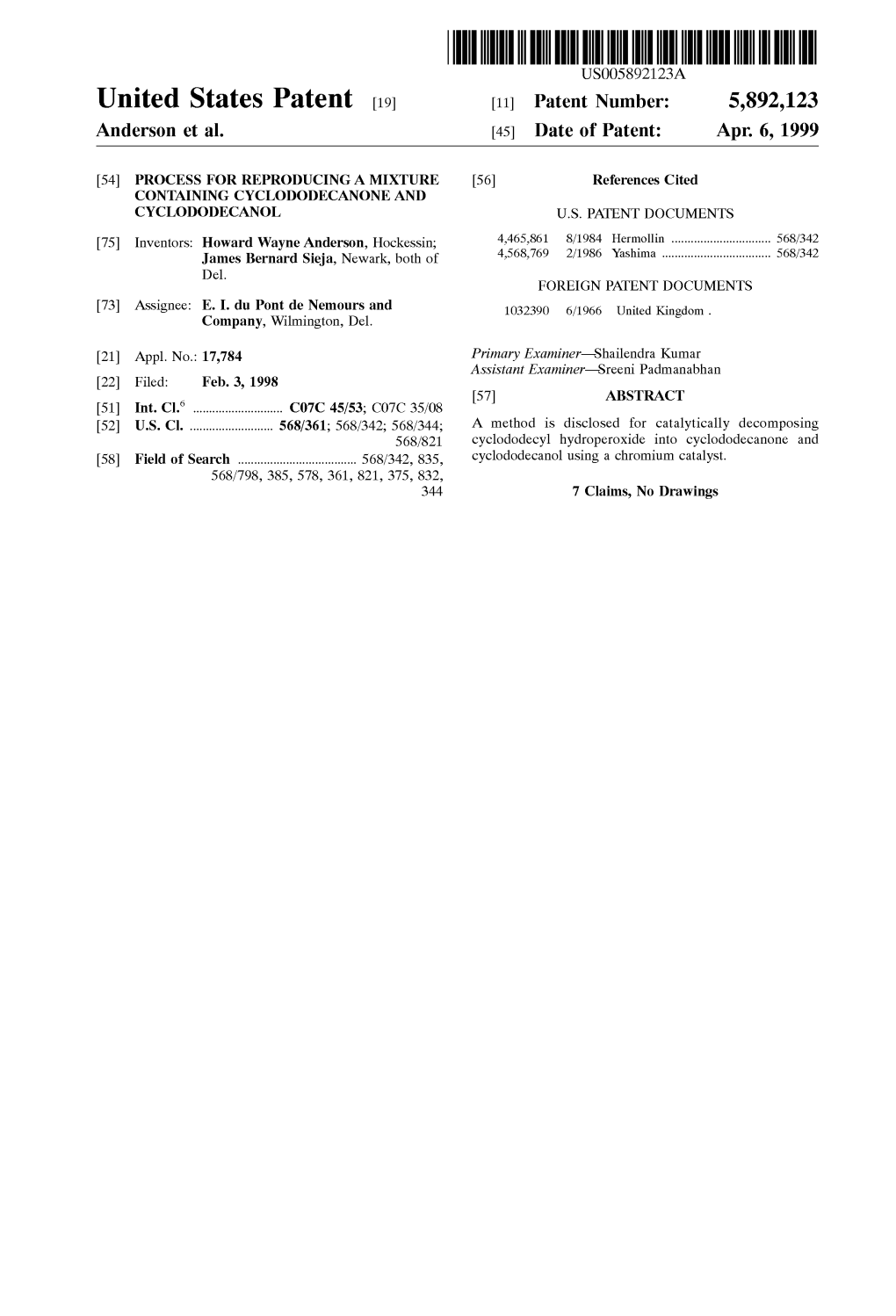 United States Patent 19 11 Patent Number: 5,892,123 Anderson Et Al