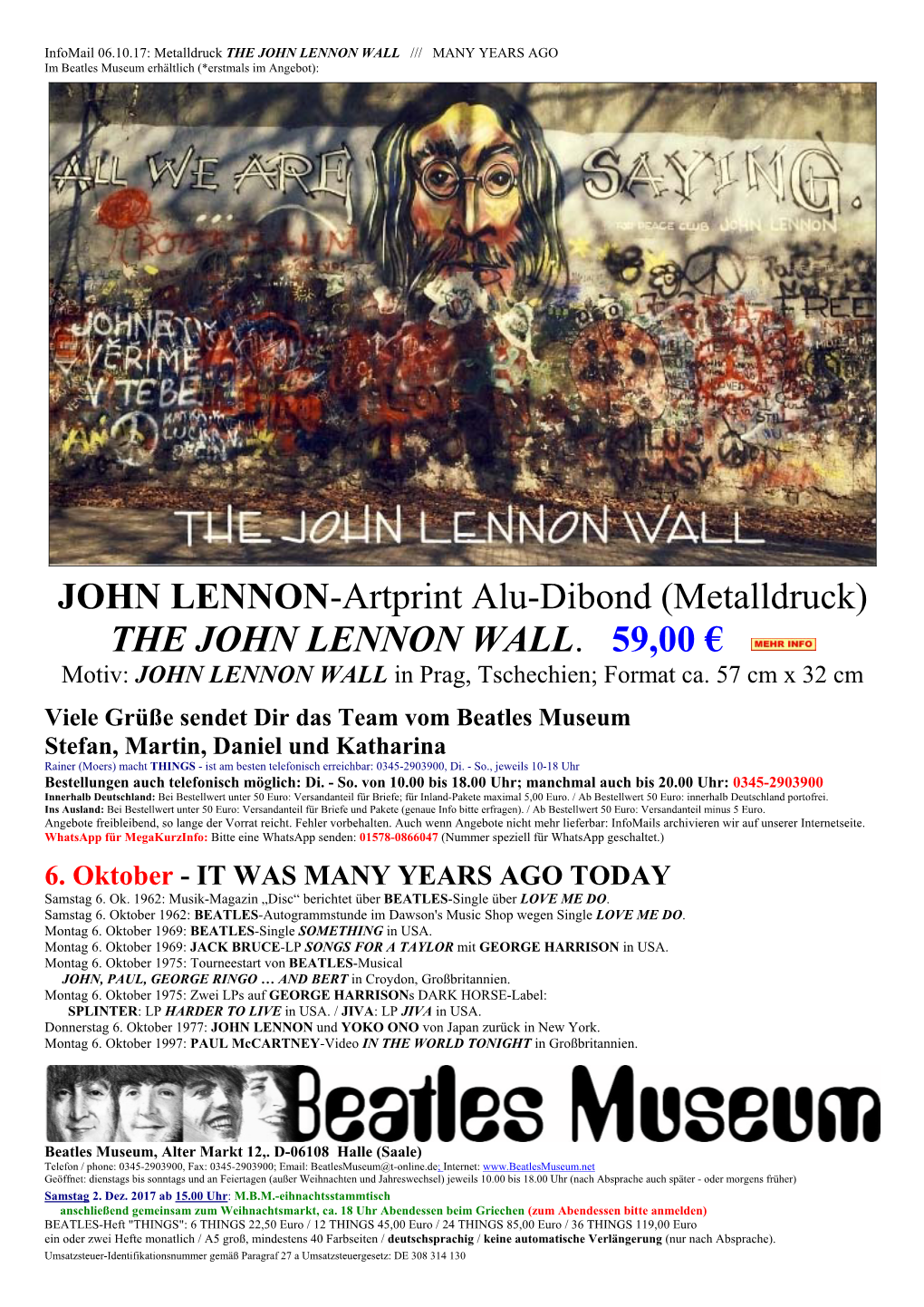 JOHN LENNON WALL /// MANY YEARS AGO Im Beatles Museum Erhältlich (*Erstmals Im Angebot)