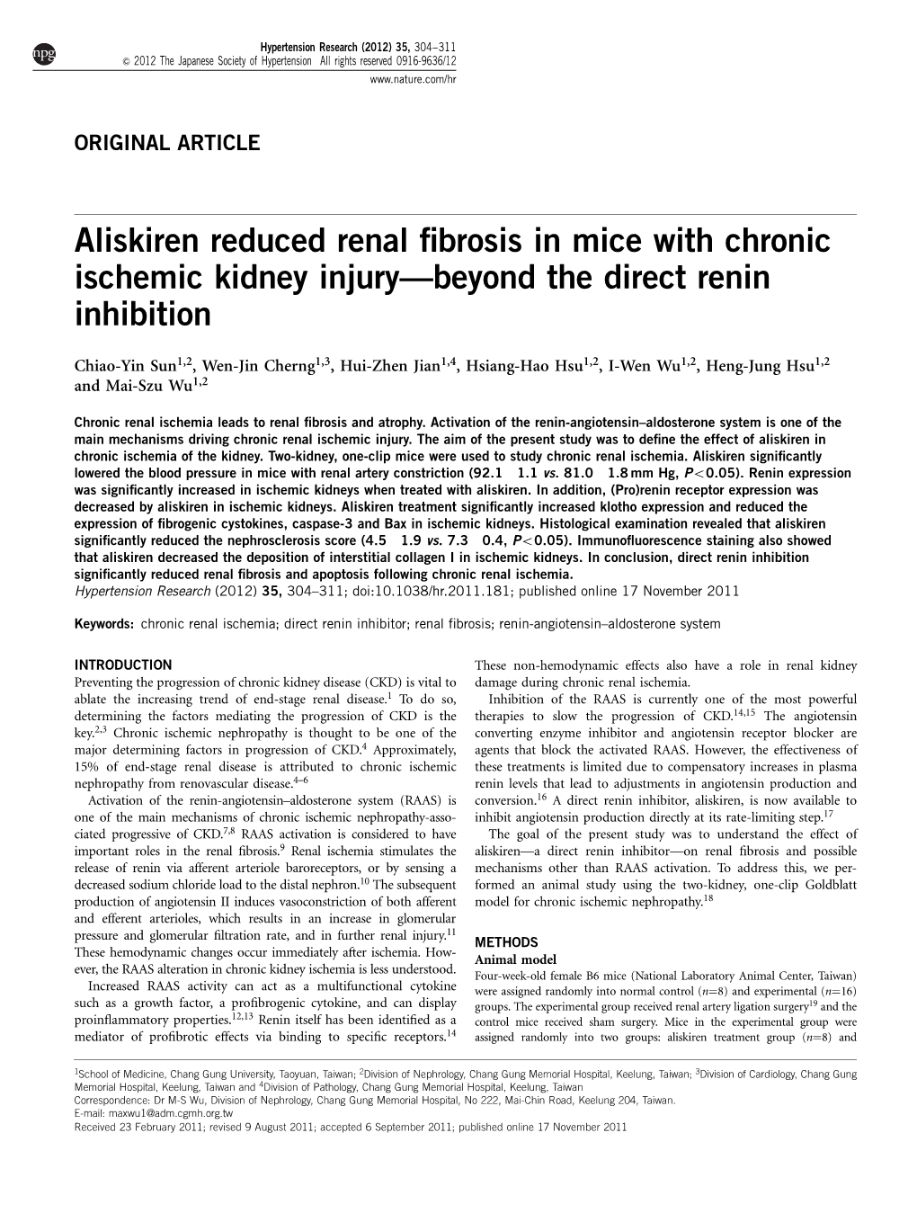 Aliskiren Reduced Renal Fibrosis in Mice with Chronic Ischemic