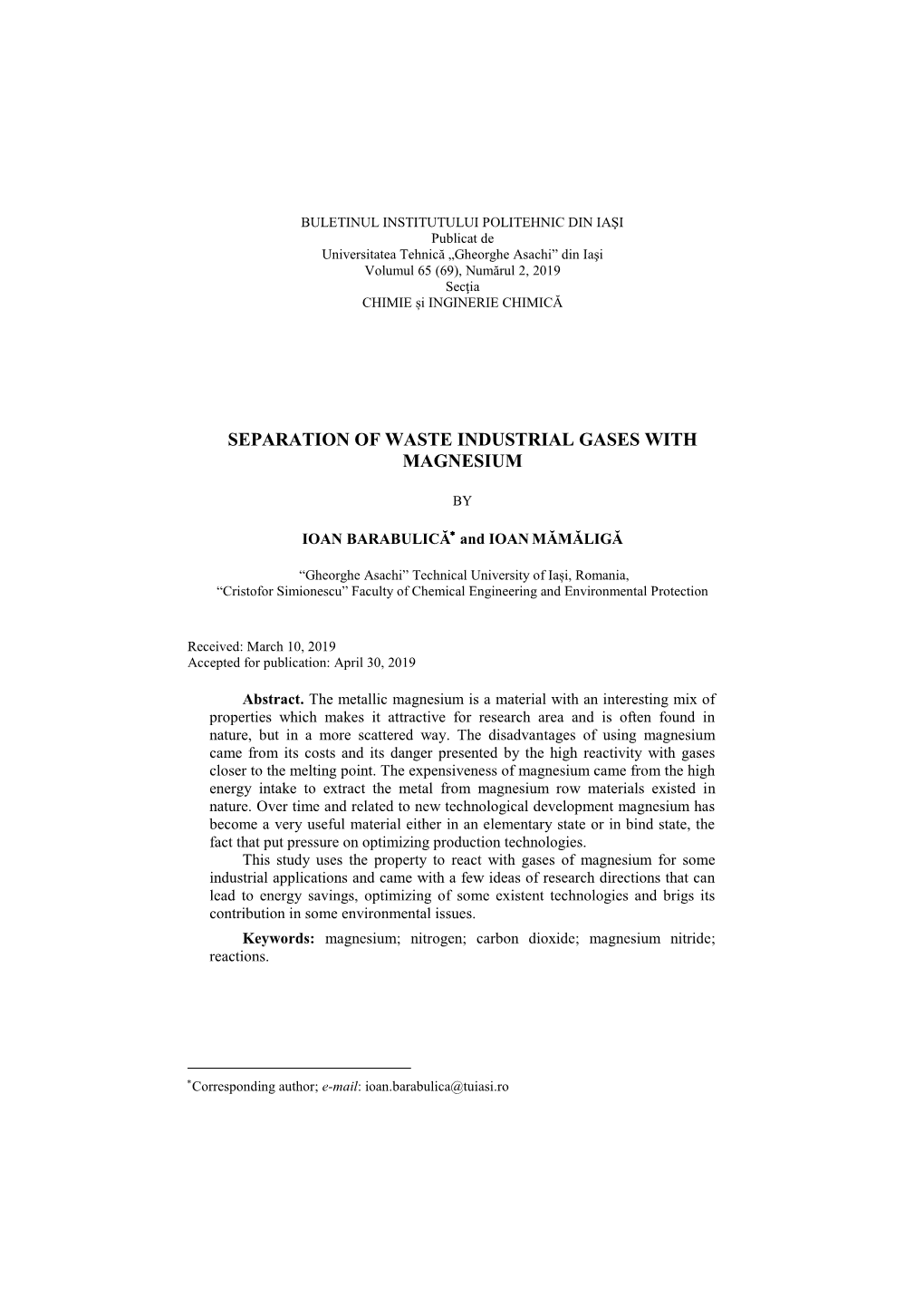 Separation of Waste Industrial Gases with Magnesium