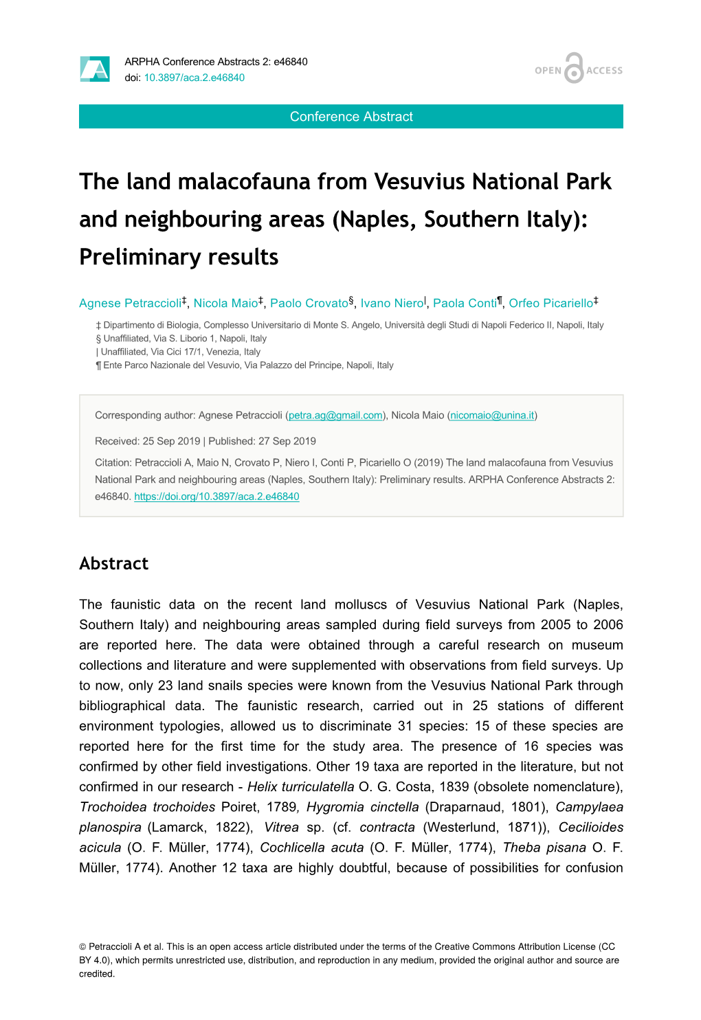 The Land Malacofauna from Vesuvius National Park and Neighbouring Areas (Naples, Southern Italy): Preliminary Results