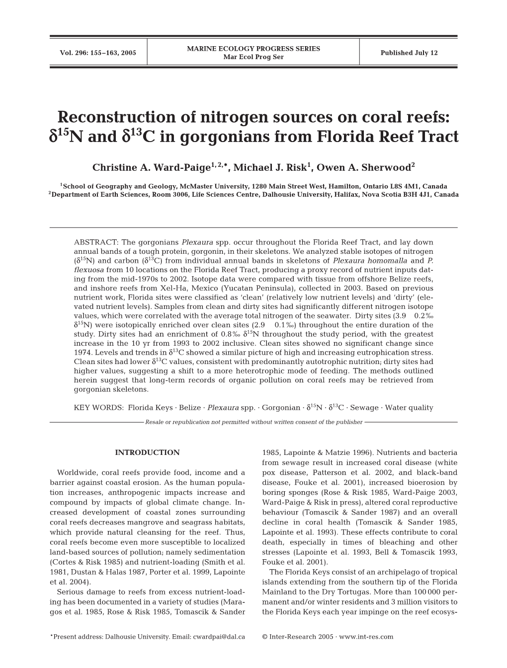 Reconstruction of Nitrogen Sources on Coral Reefs: Δ15n and Δ13c in Gorgonians from Florida Reef Tract