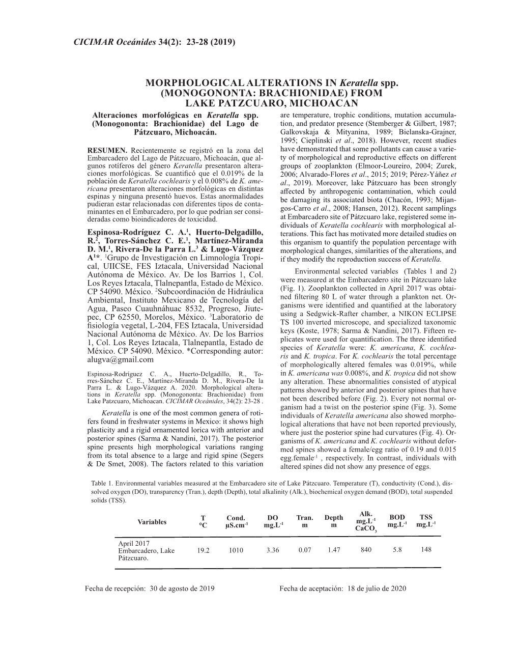 MORPHOLOGICAL ALTERATIONS in Keratella Spp. (MONOGONONTA: BRACHIONIDAE) from LAKE PATZCUARO, MICHOACAN Alteraciones Morfológicas En Keratella Spp