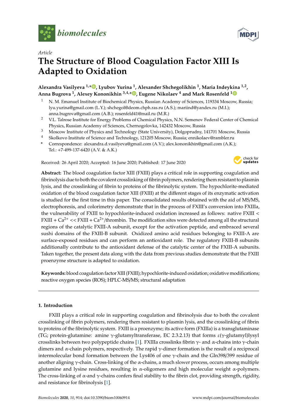 The Structure of Blood Coagulation Factor XIII Is Adapted to Oxidation