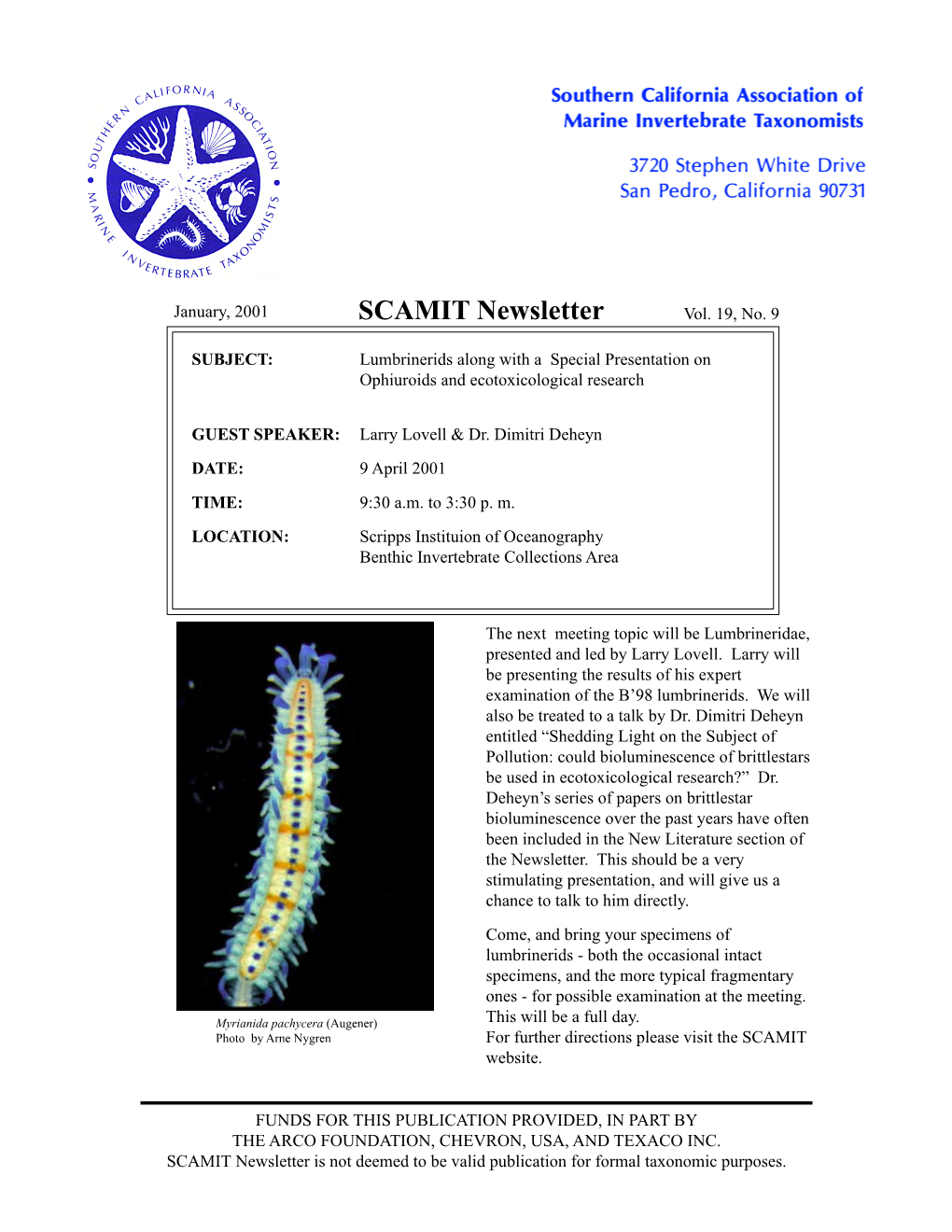 SCAMIT Newsletter Vol. 19 No. 9 2001 January