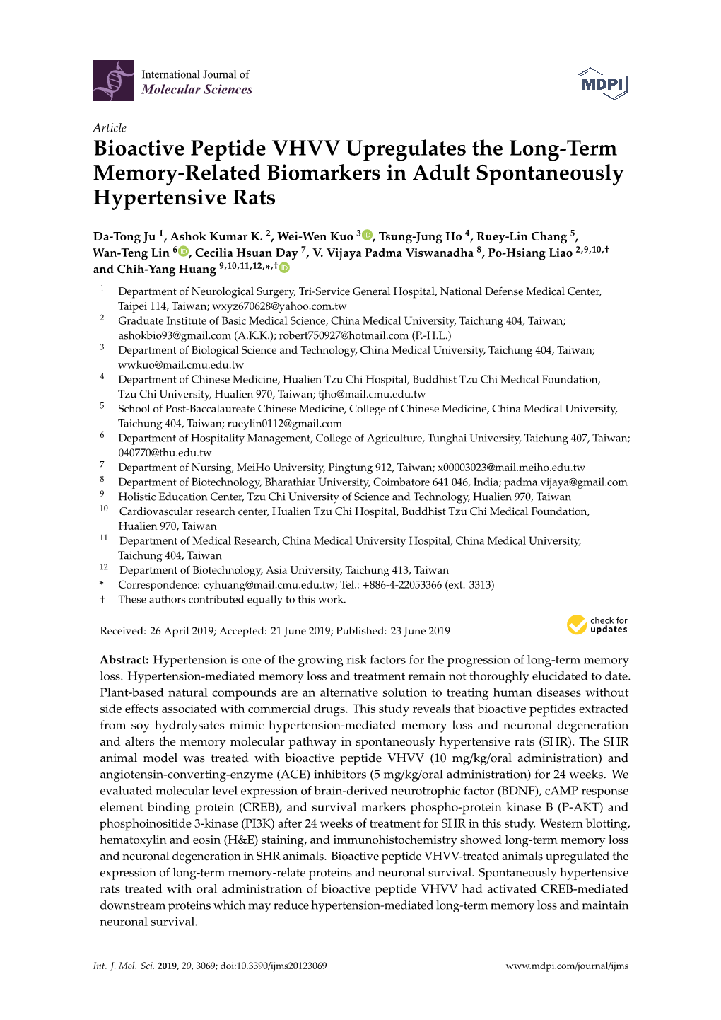 Bioactive Peptide VHVV Upregulates the Long-Term Memory-Related Biomarkers in Adult Spontaneously Hypertensive Rats