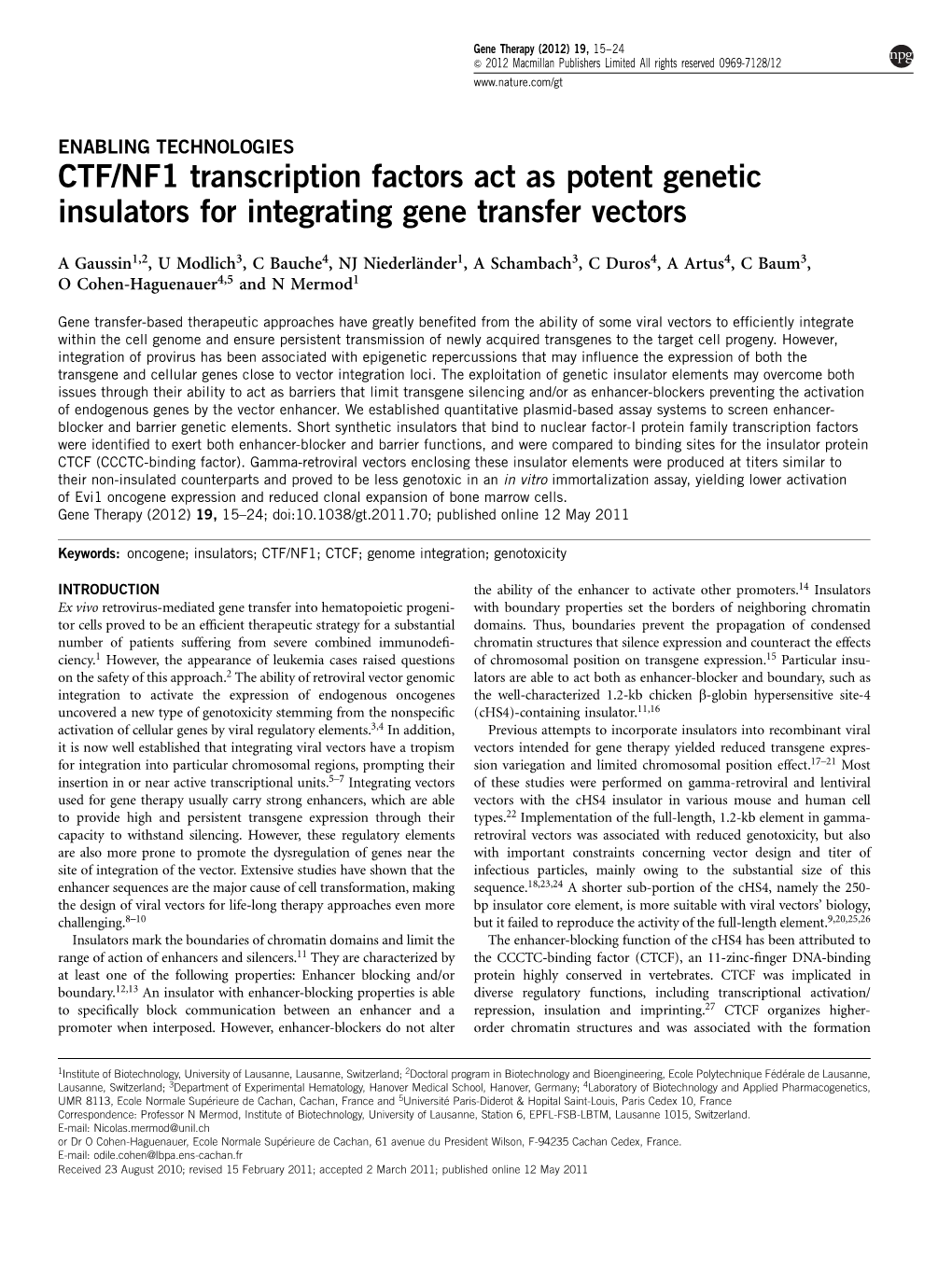 NF1 Transcription Factors Act As Potent Genetic Insulators for Integrating Gene Transfer Vectors
