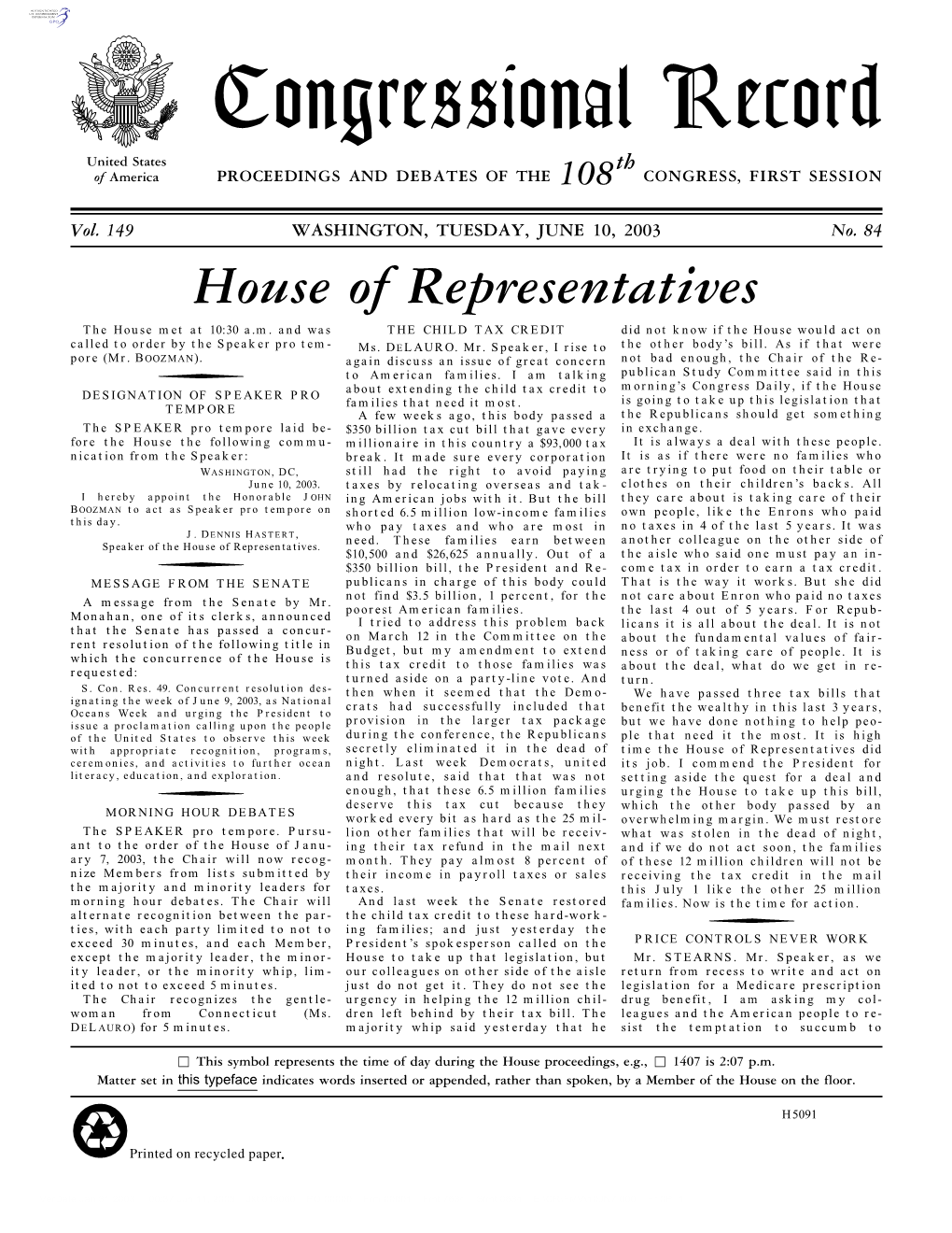 Congressional Record United States Th of America PROCEEDINGS and DEBATES of the 108 CONGRESS, FIRST SESSION