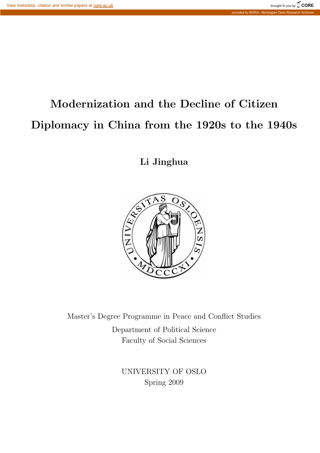 Modernization and the Decline of Citizen Diplomacy in China from the 1920S to the 1940S