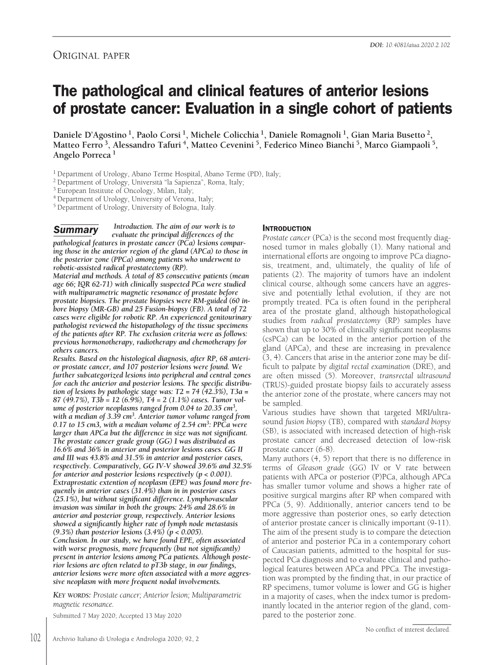 The Pathological and Clinical Features of Anterior Lesions of Prostate Cancer: Evaluation in a Single Cohort of Patients