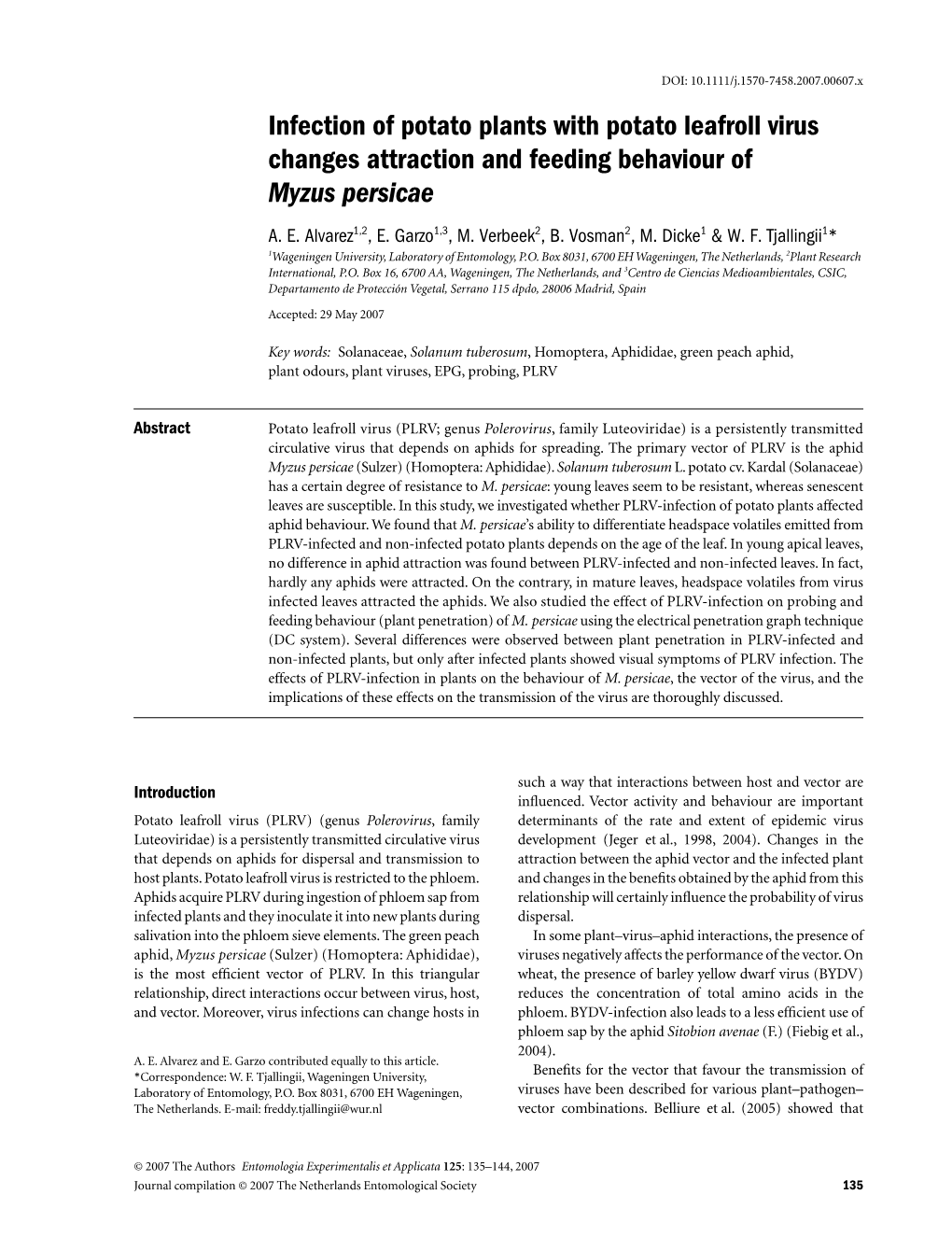 Infection of Potato Plants with Potato Leafroll Virus Changes Attraction and Feeding Behaviour of Myzus Persicae A