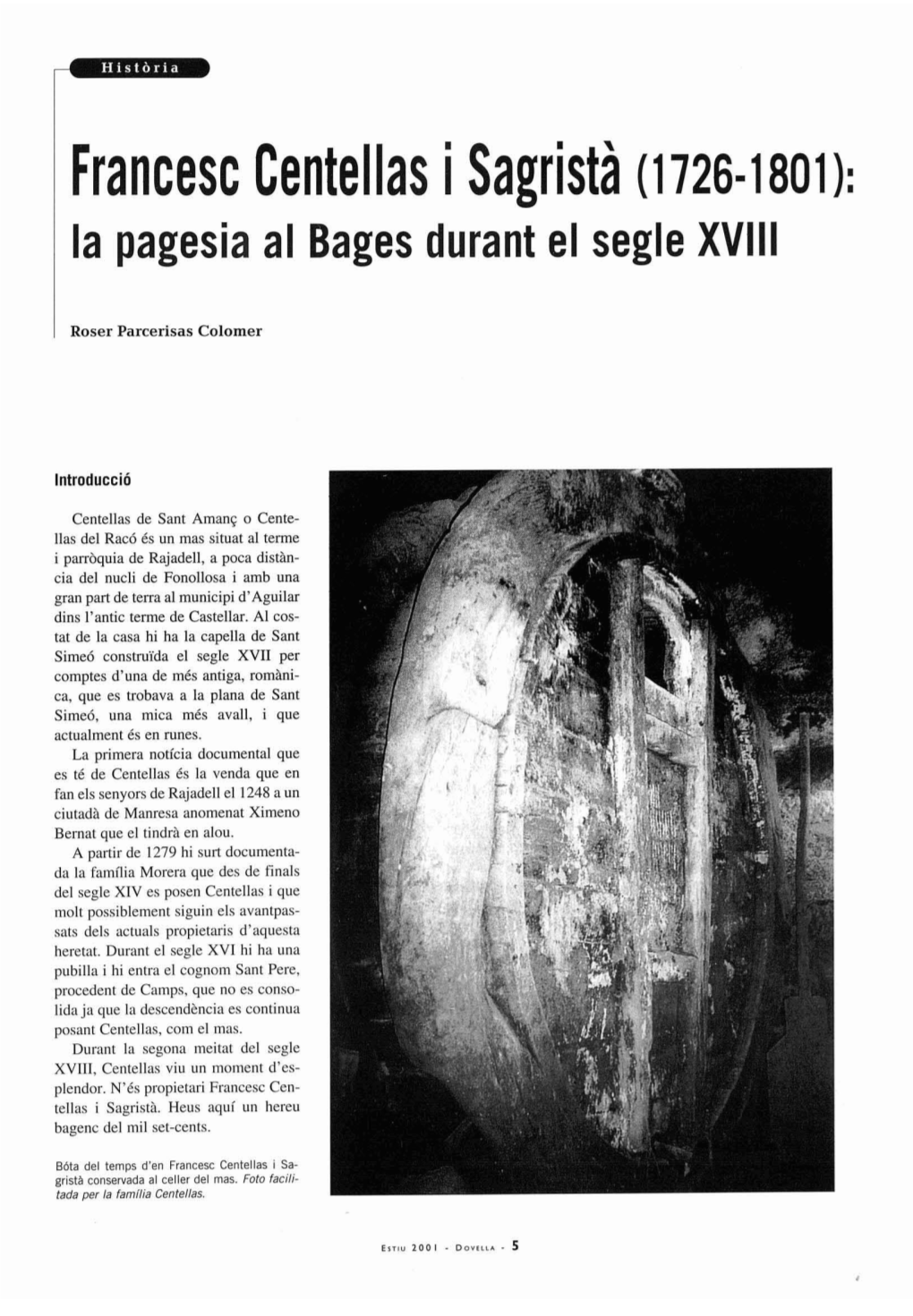 Francesc Centellas I Sagrista (1726-1801): La Pagesia Al Bages Durant El Segle Xvlll
