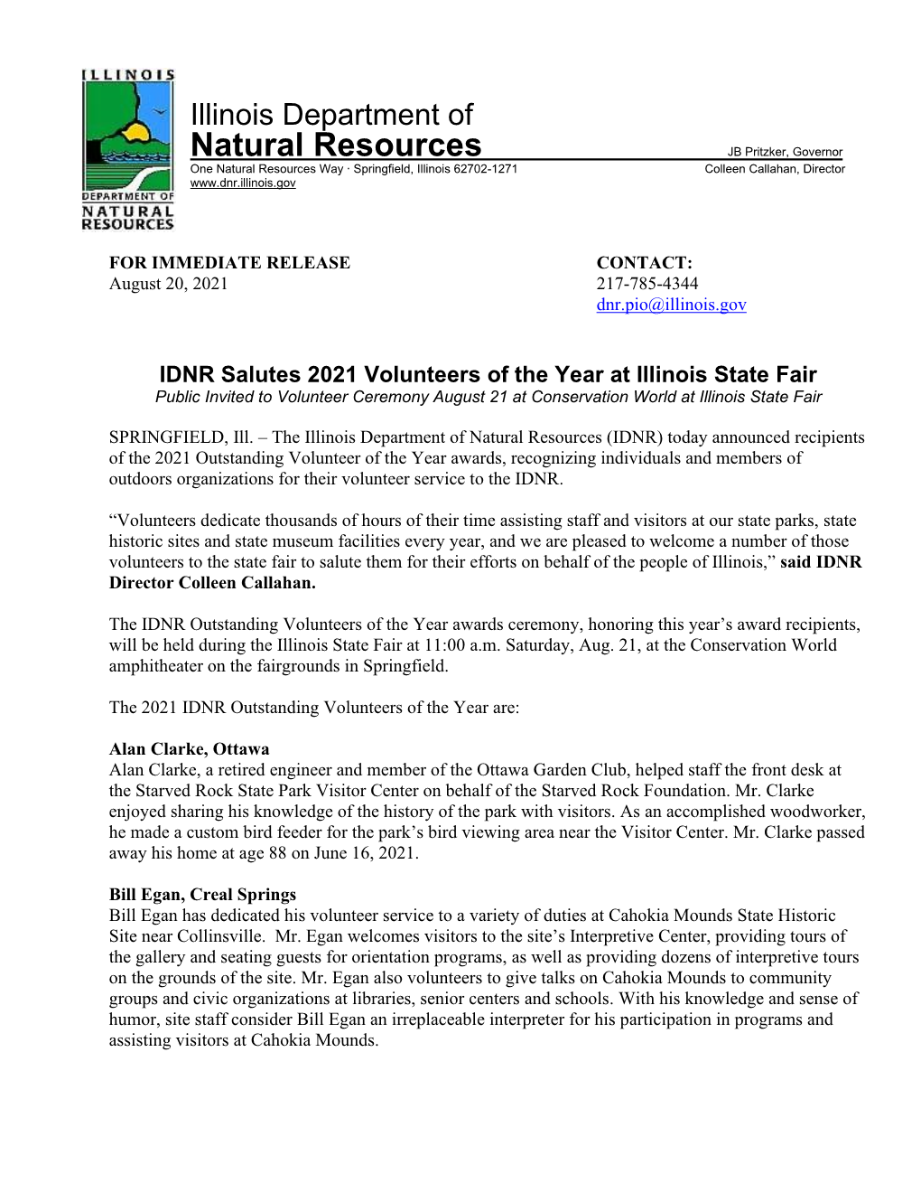 IDNR Salutes 2021 Volunteers of the Year at Illinois State Fair Public Invited to Volunteer Ceremony August 21 at Conservation World at Illinois State Fair