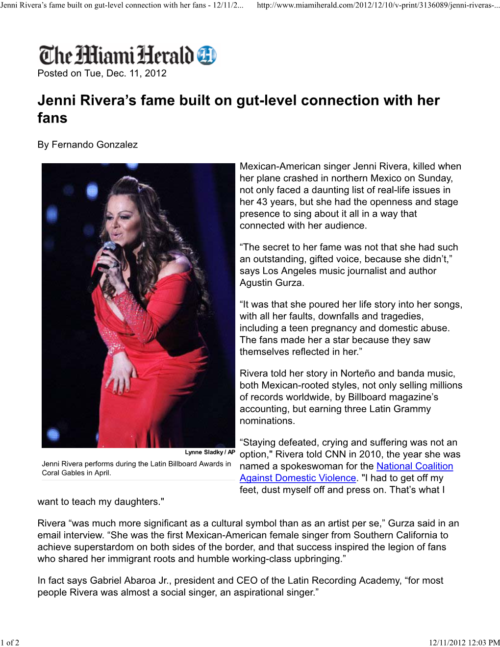 Jenni Rivera's Fame Built on Gut-Level Connection with Her Fans