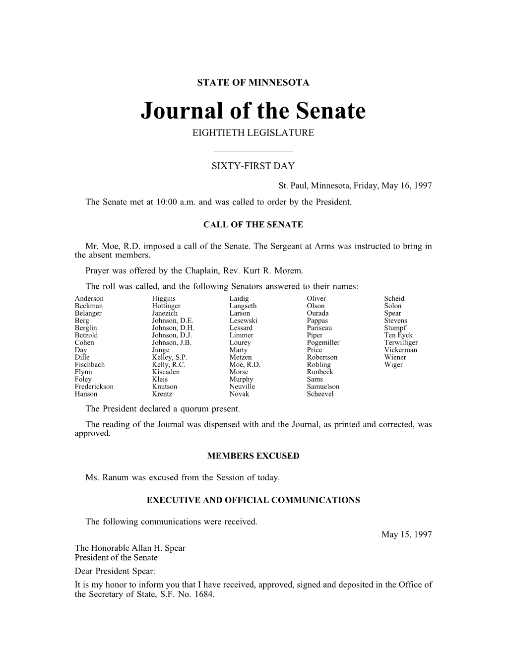 Journal of the Senate EIGHTIETH LEGISLATURE ______