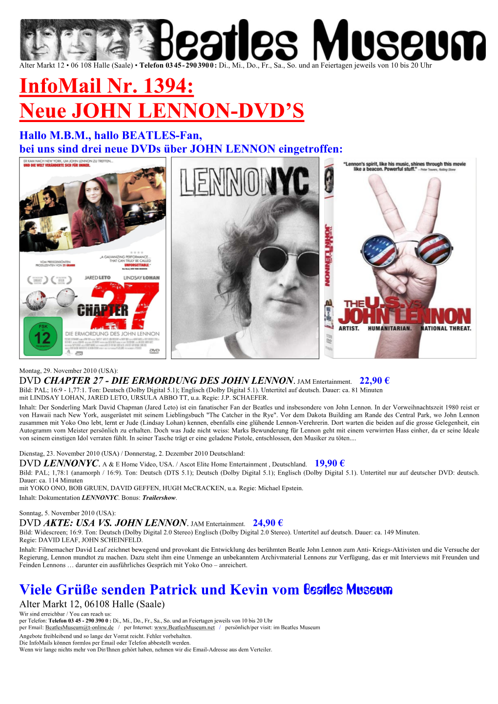 Infomail Nr. 1394: Neue JOHN LENNON-DVD's