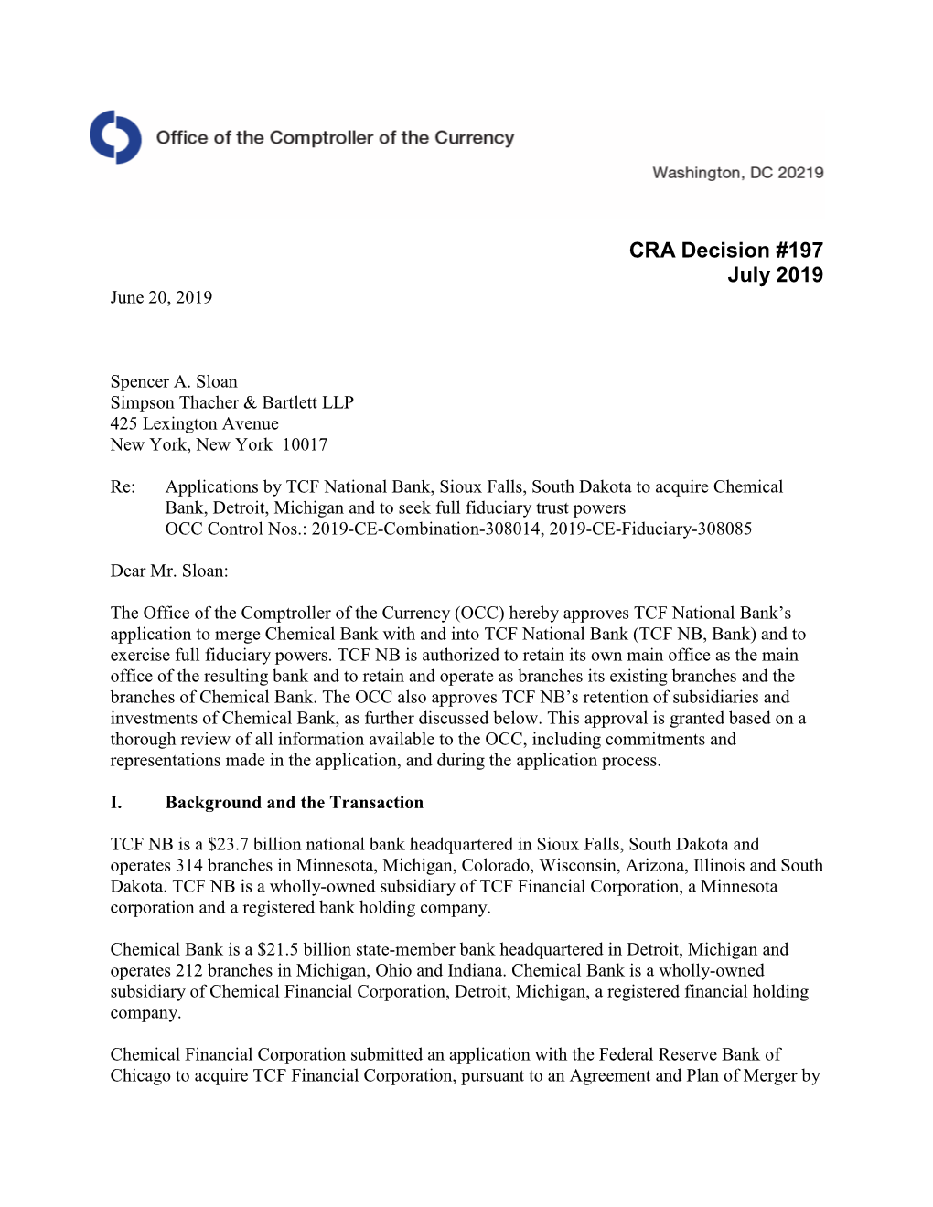 CRA Decision #197 July 2019 June 20, 2019