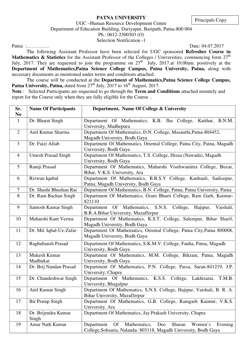 PATNA UNIVERSITY UGC –Human Resource Development Centre