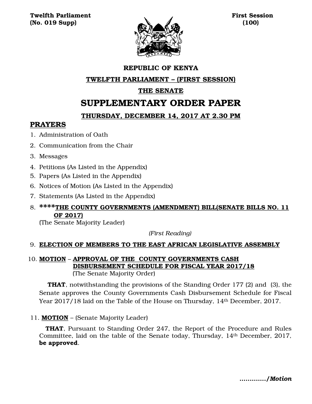 Supplementary Order Paper