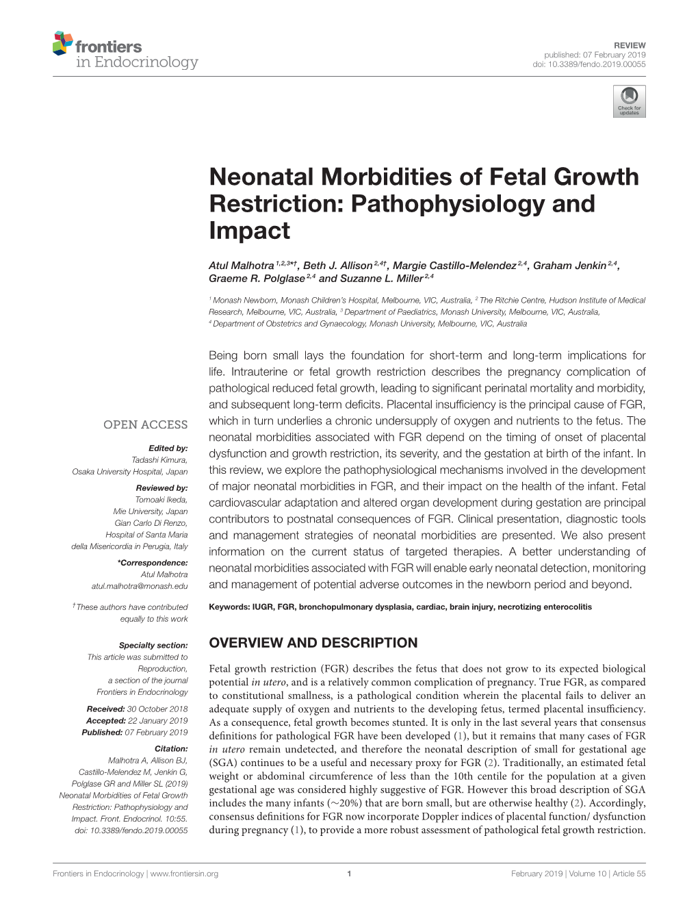 Neonatal Morbidities of Fetal Growth Restriction: Pathophysiology and Impact