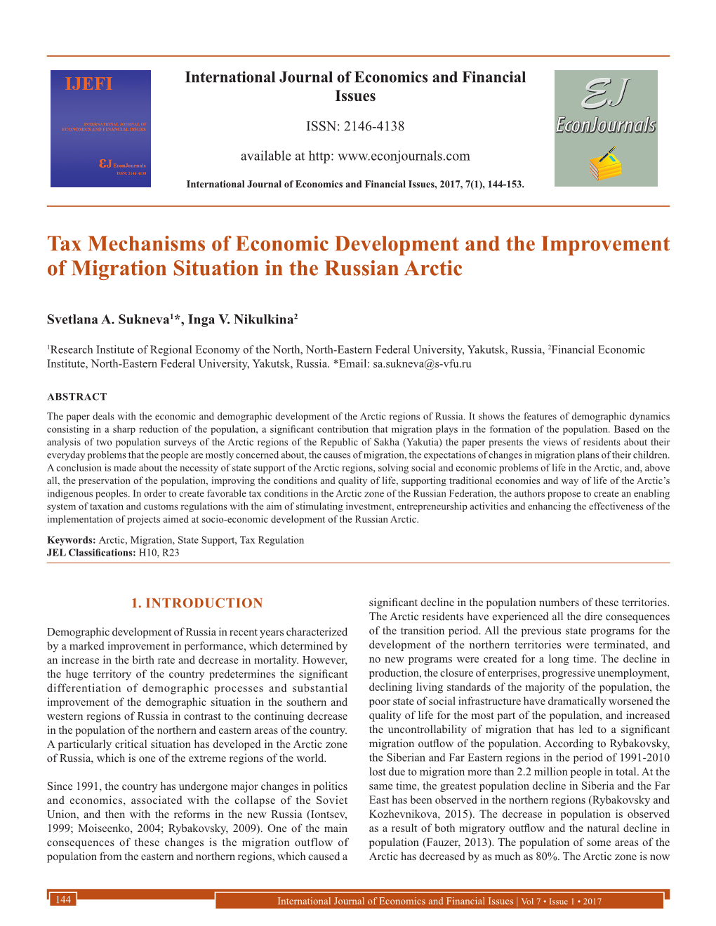 Tax Mechanisms of Economic Development and the Improvement of Migration Situation in the Russian Arctic