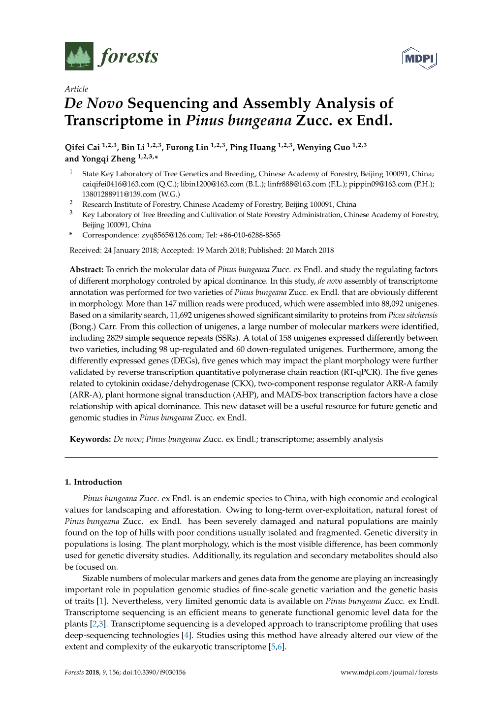 De Novo Sequencing and Assembly Analysis of Transcriptome in Pinus Bungeana Zucc