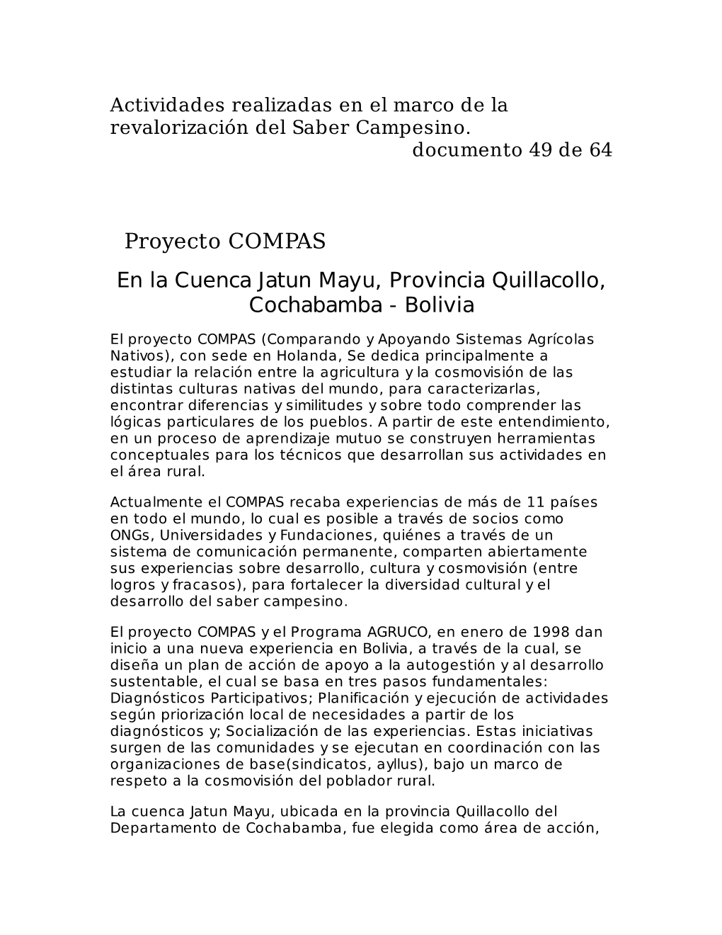 Proyecto COMPAS En La Cuenca Jatun Mayu, Provincia Quillacollo, Cochabamba - Bolivia