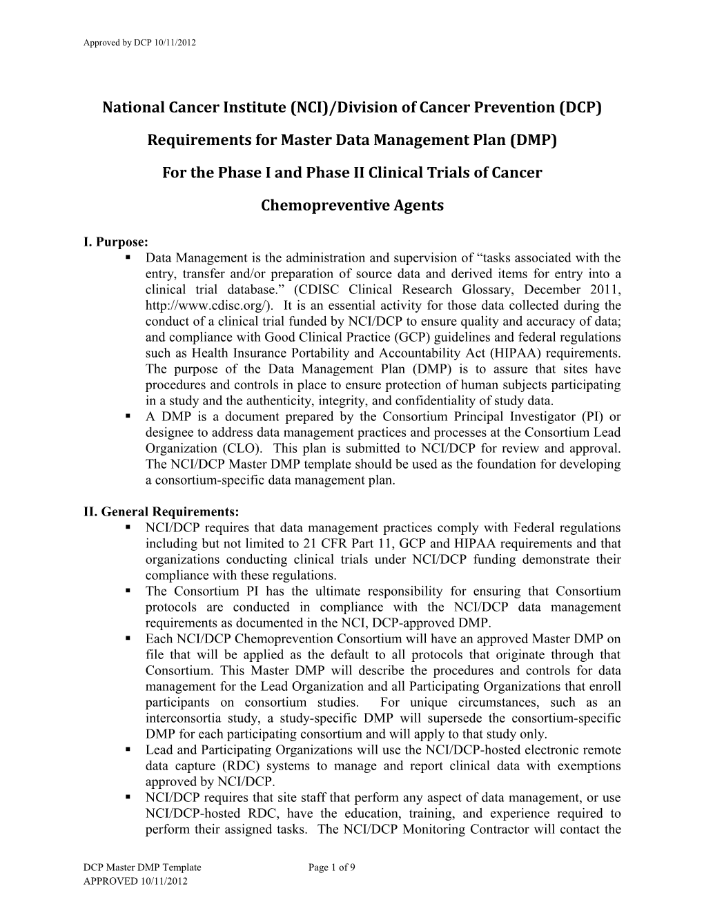 National Cancer Institute (NCI)/Division of Cancer Prevention (DCP)Requirements for Master