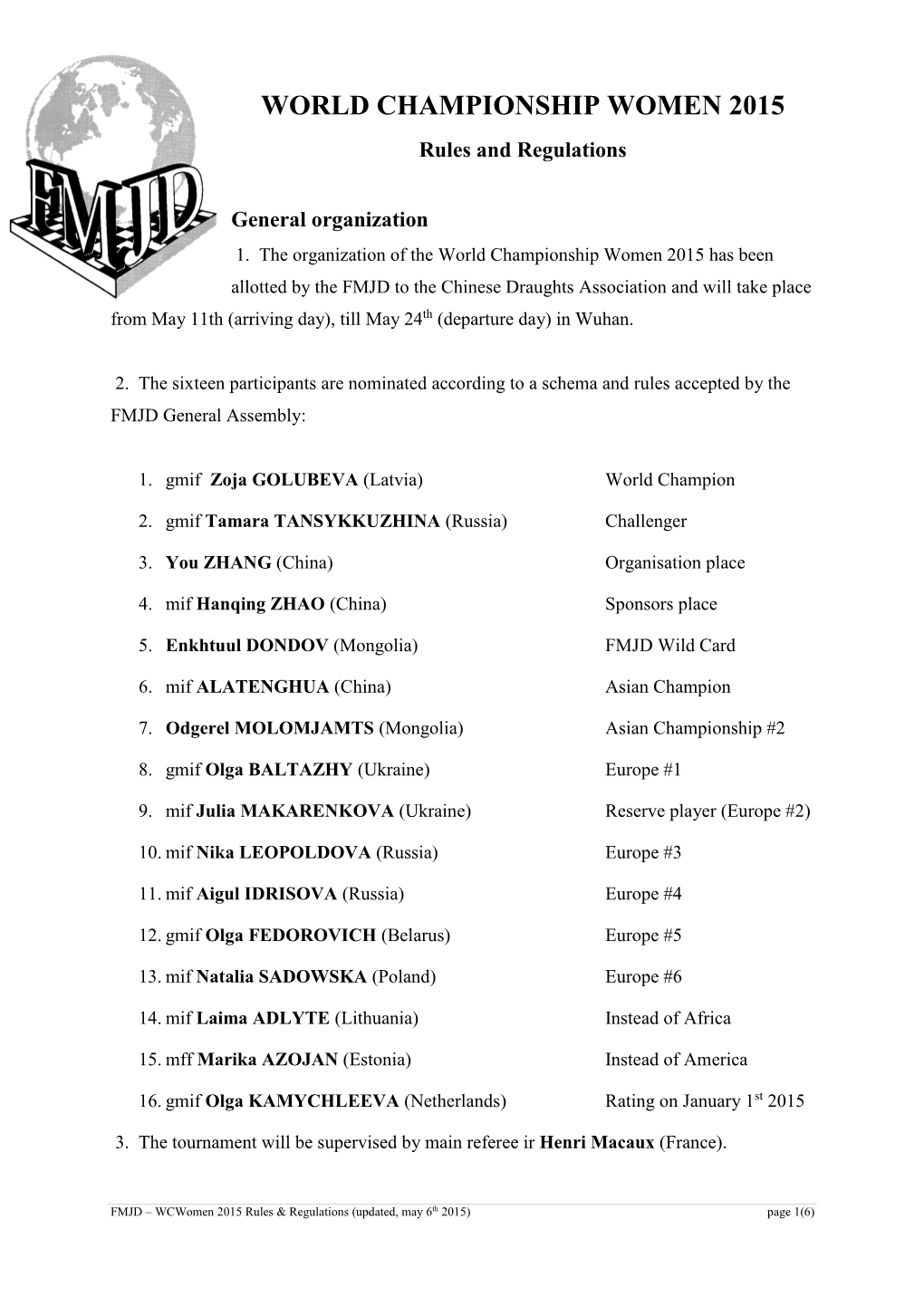 Regulation of the World Championship Women 2015