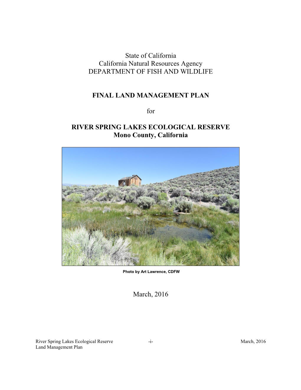 River Spring Lakes Ecological Reserve Draft Land Management Plan