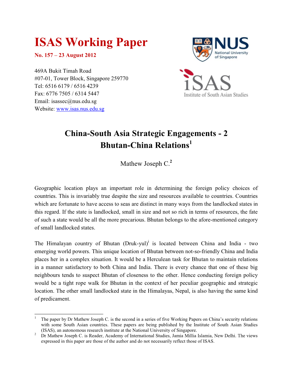 China-South Asia Strategic Engagements - 2 Bhutan-China Relations1